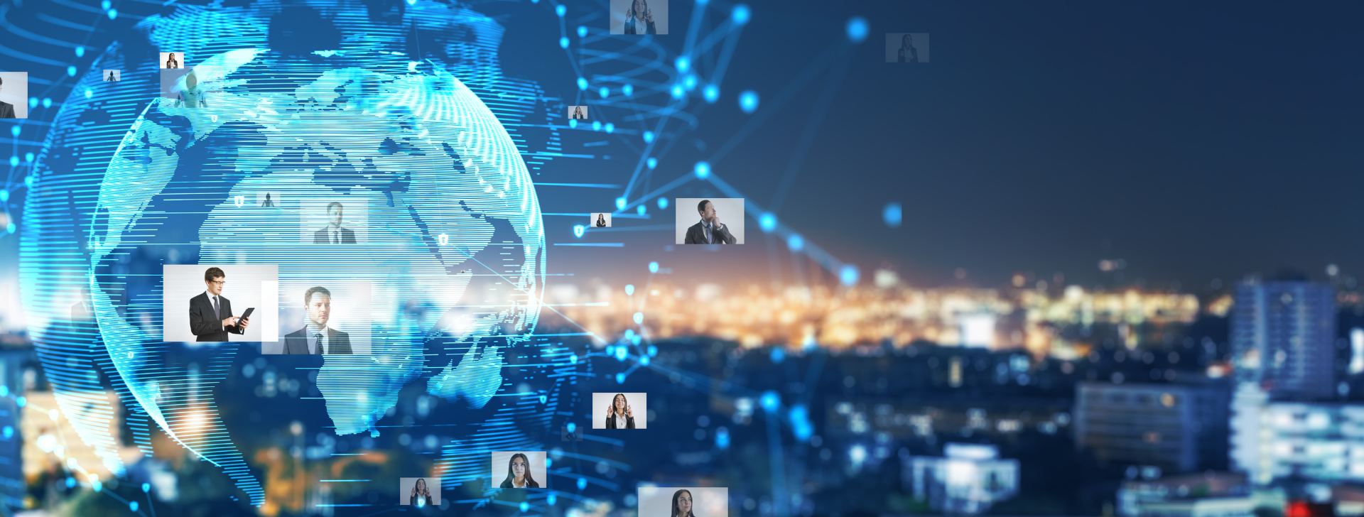 Cityscape with globe overlay and images of people surrounding