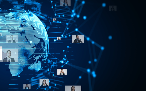 Holographic globe with images of people surrounding