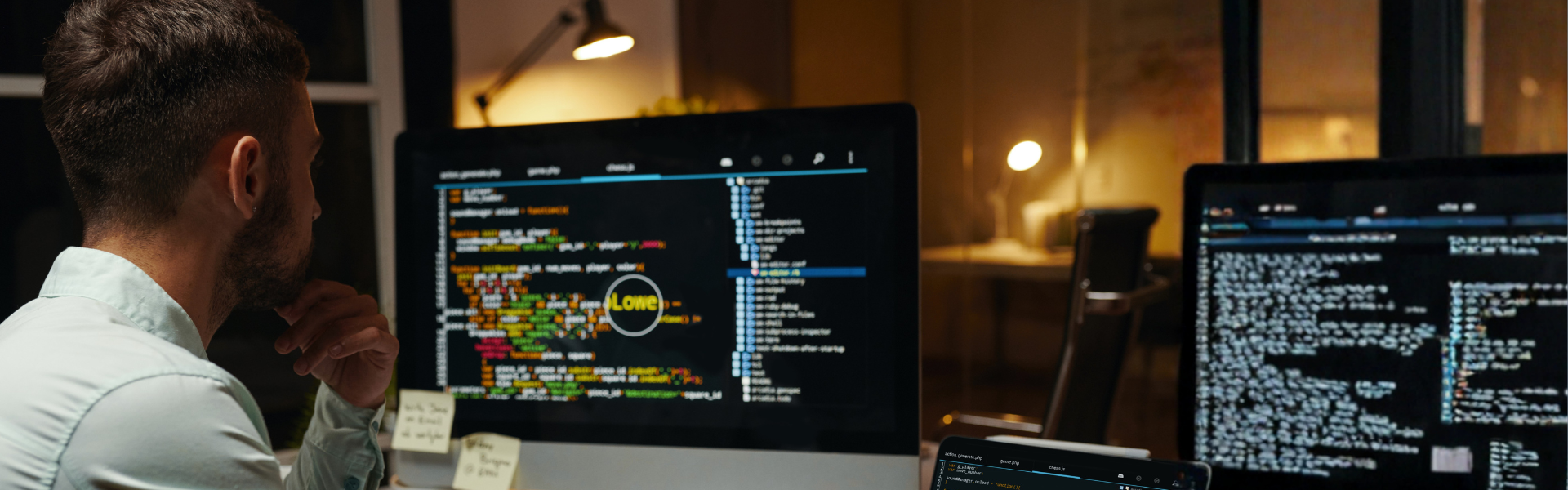 Person sitting at desk using multiple monitors