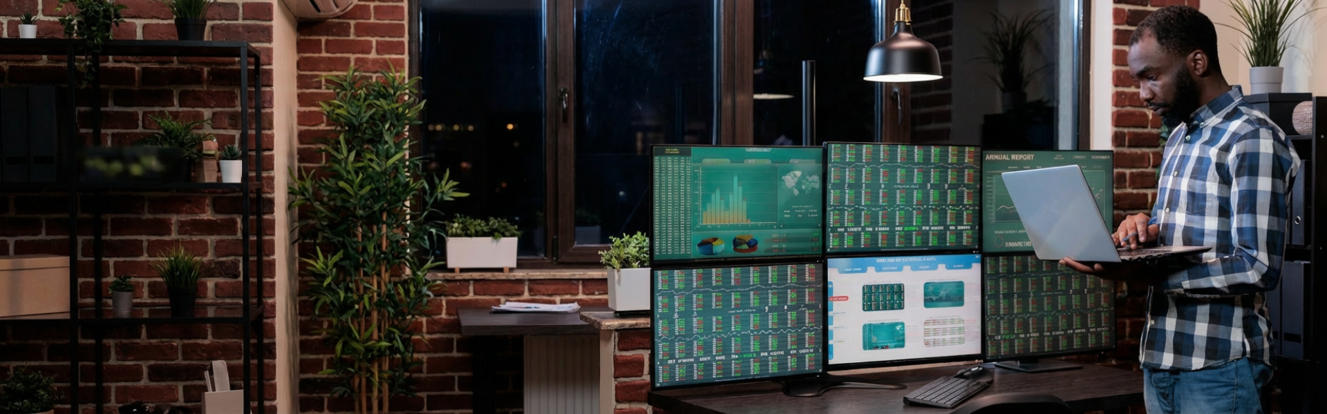 person standing holding laptop and using multiple monitors