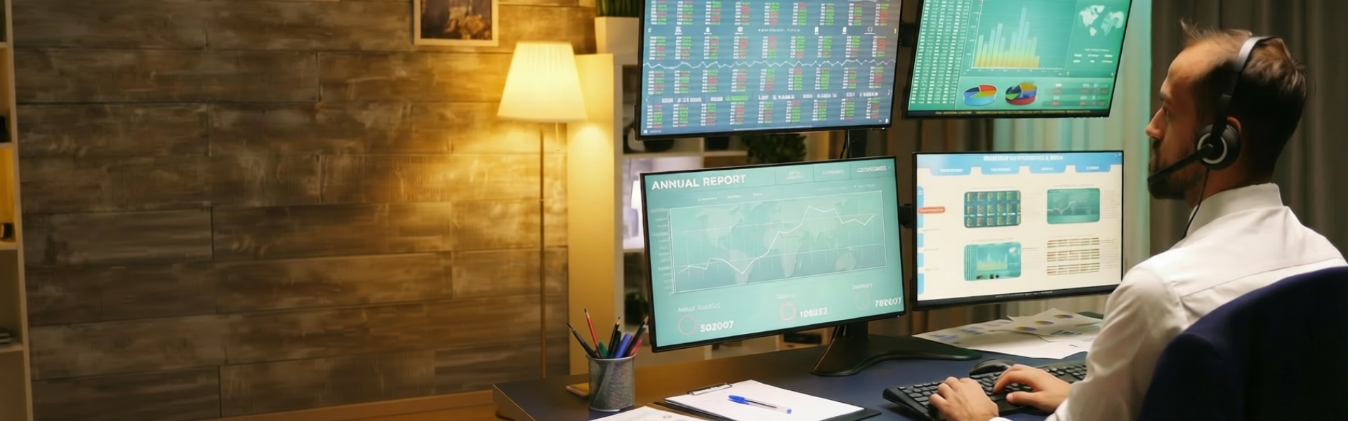 tech support agent at multiple monitors